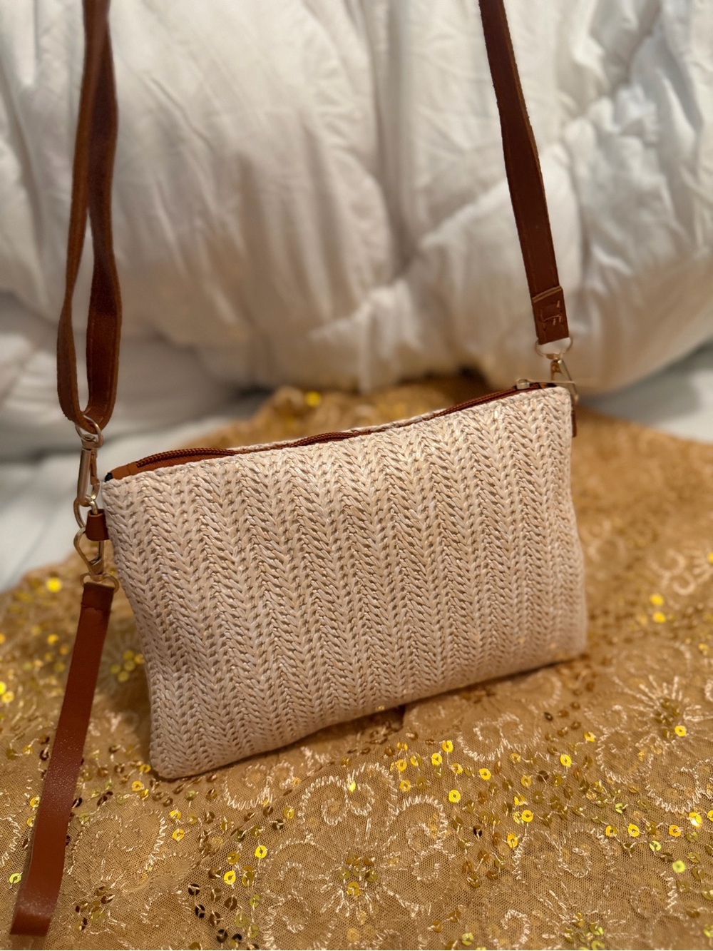 Woven Straw Crossbody Bag with Brown Trim - Neutral - Picture 3 of 7
